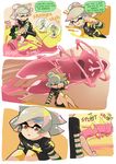  2girls aori_(splatoon) black_shirt black_shorts brown_eyes bubbler_(splatoon) burst_bomb_(splatoon) casual domino_mask english faceless faceless_female faceless_male grey_hair headband hotaru_(splatoon) inkling kraken_(splatoon) long_hair mask mole mole_under_eye multiple_girls one_eye_closed paint_splatter print_shirt running shirt short_hair shorts single_vertical_stripe sitting splat_charger_(splatoon) splatoon_(series) splatoon_1 splattershot_jr_(splatoon) squid striped striped_shirt sweatdrop t-shirt tentacle_hair wince wong_ying_chee 