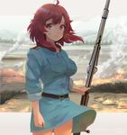  ahoge anti-materiel_rifle artist_name battlefield belt commentary copyright_name dirty dirty_face expressionless fire gun hinoshita_akame holding holding_gun holding_weapon izetta looking_at_viewer military military_uniform mountain red_eyes red_hair rifle short_hair shuumatsu_no_izetta smoke sniper_rifle solo tree twitter_username uniform weapon wind wind_lift 