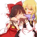  &gt;:) 2girls ^_^ blonde_hair blush bow braid brown_hair closed_eyes d: detached_sleeves eating food food_theft hair_bow hair_tubes hakurei_reimu kirisame_marisa kosencha long_hair multiple_girls open_mouth scarf side_braid single_braid skirt skirt_set smile steam touhou v-shaped_eyebrows vest 