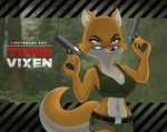  5_fingers anthro armpits belt black_nose breasts candyninjalady canine cleavage clothed clothing detailed_background eyebrows eyelashes eyewear female forest fox fur glasses gun half-closed_eyes lt._fox_vixen mammal metalslayer navel orange_fur photo_background ranged_weapon shirt shorts squirrel_and_hedgehog tree weapon 