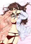  ariga_tou ashigara_(kantai_collection) bed_sheet blush brown_eyes brown_hair garter_belt hairband kantai_collection lips long_hair looking_at_viewer lying navel on_back on_side open_clothes open_shirt panties shirt smile solo thighhighs underwear 