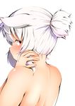  adjusting_hair alternate_hairstyle animal_ears back blush commentary_request highres inubashiri_momiji looking_at_viewer nape nude red_eyes shishi_juuroku short_hair short_ponytail solo thick_eyebrows touhou white_hair wolf_ears 