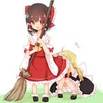  ahoge ascot bloomers blush bobby_socks bow braid broom brown_eyes brown_hair d: detached_sleeves dress female_pervert hair_bow hair_tubes hakurei_reimu kirisame_marisa kosencha large_bow lifted_by_another long_hair multiple_girls no_hat no_headwear open_mouth pervert shoes single_braid skirt skirt_lift skirt_set socks sweat touhou underwear upskirt vest yuri 