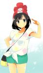  1girl arms_behind_back artist_request beanie black_eyes black_hair female_protagonist_(pokemon_sm) floral_print front_tie_top green_shorts looking_at_viewer pokemon pokemon_(game) pokemon_sm red_hat short_hair shorts simple_background smile solo strap_bag tied_shirt 