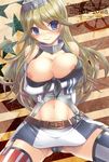  american_flag artist_name asagiri_lira bare_shoulders belt black_panties black_ribbon black_shirt blonde_hair blue_eyes blush breast_hold breasts buttons closed_mouth collar collarbone copyright_name corset elbow_gloves eyebrows_visible_through_hair flag_background front-tie_top garter_straps gloves grey_hat hair_between_eyes highres invisible_chair iowa_(kantai_collection) kantai_collection large_breasts long_hair looking_at_viewer miniskirt mismatched_legwear navel nipple_slip nipples panties pink_lips ribbon shirt sitting skirt solo stomach striped striped_legwear tareme thighhighs unbuttoned unbuttoned_shirt underwear upskirt vertical-striped_legwear vertical_stripes white_gloves wrist_cuffs 