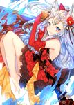  animal_ears bad_id bad_pixiv_id bare_shoulders blue_eyes breasts detached_sleeves dress elbow_gloves erune fan floral_print fox_ears fox_shadow_puppet fox_tail full_body fur_trim gloves granblue_fantasy hair_between_eyes hair_ornament head_tilt highres long_hair looking_at_viewer lying medium_breasts off-shoulder_dress off_shoulder on_side oversized_object red_dress red_gloves sideboob silver_hair socie_(granblue_fantasy) solo sweetroad tail very_long_hair 