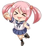  &gt;_&lt; :d chibi closed_eyes hair_bobbles hair_ornament kantai_collection kneehighs long_hair looking_at_viewer nichika_(nitikapo) open_mouth pink_hair pleated_skirt raised_fist sazanami_(kantai_collection) school_uniform serafuku shoes simple_background skirt smile solo twintails white_background xd 