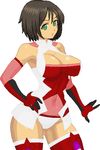  1girl ahoge black_hair bodysuit breasts cape cleavage_cutout clothed_navel cosplay covered_navel gauntlets honchan nchallenge nchans pixel_art power_armor simple_background solo thighhighs warner 