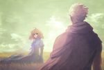  1girl ahoge archer artoria_pendragon_(all) blonde_hair blue_dress commentary_request dark_skin dark_skinned_male dress fate/stay_night fate_(series) field grass green_eyes gupaon highres last_episode looking_at_another saber white_hair 