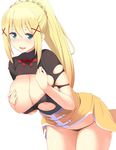  areolae bent_over black_panties blonde_hair blue_eyes blush braid breasts covering covering_breasts darkness_(konosuba) hair_ornament kono_subarashii_sekai_ni_shukufuku_wo! large_breasts long_hair looking_at_viewer open_mouth panties ponytail ryuuta_(msxtr) simple_background smile solo torn_clothes underwear white_background x_hair_ornament 