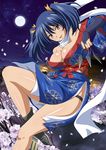  00s 1girl bashoku_youjou breasts female ikkitousen kunai large_breasts long_hair looking_at_viewer moon night ninja sky smile twintails 