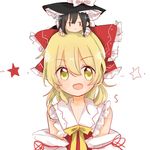 :d bare_shoulders black_hair bow cosplay costume_switch detached_sleeves hair_bow hakurei_reimu hakurei_reimu_(cosplay) hat jitome kirisame_marisa kirisame_marisa_(cosplay) kosencha long_hair looking_at_viewer minigirl multiple_girls on_head open_mouth person_on_head smile star touhou witch_hat yellow_eyes 