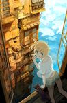  blonde_hair blue_eyes blue_sky brushing_teeth building cat city cityscape cloud cloudy_sky commentary_request day flying_whale leaning loose_clothes loose_shirt maij ocean original outdoors railing scenery shirt short_hair shorts sky skyscraper solo t-shirt whale window windowsill 