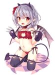  adapted_costume bare_shoulders black_legwear blush cat_cutout cat_lingerie checkered checkered_floor claws collar demon_girl demon_tail demon_wings fake_horns fang flat_chest hair_ribbon hairband kedama_milk kneeling lavender_hair meme_attire navel open_mouth panties paws pointy_ears red_eyes red_panties red_ribbon remilia_scarlet ribbon side-tie_panties simple_background smile solo strap_slip tail thighhighs touhou underwear white_background wings 