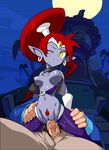  1boy 1girl blue_skin breasts choker clothed_sex earrings edit forehead_jewel girl_on_top harem_pants hetero highres nega-shantae nipples noq photoshop pointy_ears pubic_hair pussy pussy_juice red_hair reverse_cowgirl_position sex shantae single_eye smirk straddling sweat teardrop tiara uncensored vaginal very_long_hair vest waist_grab yellow_eyes 