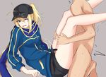  1boy 1girl ahoge artoria_pendragon_(all) bar_censor baseball_cap blonde_hair blue_eyes blue_jacket blue_scarf censored clothed_female_nude_male cum cum_on_clothes cum_on_hair ejaculation facial fate_(series) hat head_out_of_frame hetero jacket long_hair mysterious_heroine_x nude one_eye_closed penis piro_(iiiiiiiiii) ponytail rojiura_satsuki:_chapter_heroine_sanctuary scarf shorts sidelocks solo_focus sweat thigh_sex track_jacket wince 