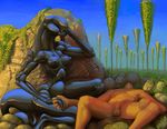  2016 2_fingers 5_fingers alien balls black_skin breasts detailed_background duo eyeless female flora_fauna human humanoid lying male male/female mammal meandraco muscular muscular_female non-mammal_breasts nude on_back outside penis plant rock sitting teeth 