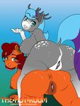  all_fours anthro antlers anus black_nipples blue_hair cervine deer dekomaru duo equine female female/female fur grey_fur hair horn mammal nipples nude orange_nipples pussy rear_view red_hair thehotroom 