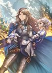  armor blue_armor blue_eyes brown_eyes brown_hair cape farrah_(granblue_fantasy) fire gauntlets granblue_fantasy highres katalina_aryze long_hair multiple_girls open_mouth pantyhose ruins ryouku short_hair silver_hair 