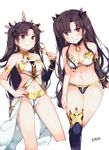  armlet bare_shoulders black_hair breasts deru06 earrings fate/grand_order fate_(series) highres hoop_earrings ishtar_(fate/grand_order) jewelry long_hair long_legs looking_at_viewer medium_breasts navel pelvic_curtain small_breasts smile solo thighhighs two_side_up 