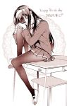  1girl bangs black_hair black_legwear chair desk hairband kasumigaoka_utaha long_hair looking_at_viewer miniskirt monochrome musha_sabu pantyhose pleated_skirt saenai_heroine_no_sodatekata school_uniform sitting skirt white_hairband 