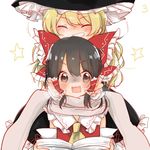  2girls ^_^ ascot black_hair blonde_hair blush bow brown_eyes closed_eyes d: grabbing grabbing_from_behind grin hair_bow hair_tubes hakurei_reimu hat kirisame_marisa kosencha large_bow long_hair multiple_girls open_mouth reading scarf skirt smile star surprised touhou v-shaped_eyebrows witch_hat 