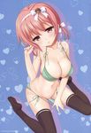  bikini bikini_pull black_legwear breasts cleavage green_bikini hair_ribbon hairband head_tilt highres image_sample large_breasts melonbooks nanase_meruchi navel parted_lips pink_eyes pink_hair ribbon scan shiny shiny_skin short_twintails side-tie_bikini sitting skindentation solo strap_gap string_bikini swimsuit thighhighs twintails wariza yandere_sample 