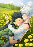  2boy blue_eyes blush flower gon_freecss green_hair green_shirt hug hunter_x_hunter killua_zoldyck male_focus shailo silver_hair smile white_hair white_shirt yaoi 