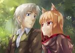  1girl absurdres animal_ears aoi_(buzhuen444) brown_hair craft_lawrence grin highres holo purple_eyes red_eyes short_hair silver_hair smile smirk spice_and_wolf tree wolf_ears 