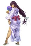  amanomiya_ayame ass black_hair bracelet fan floral_print full_body heel_raised highres holding holding_fan japanese_clothes jewelry kimono long_hair long_sleeves looking_at_viewer low-tied_long_hair official_art paper_fan parted_lips sandals simple_background solo standing striped super_robot_wars super_robot_wars_x-omega tsurime uchiwa vertical_stripes watanabe_wataru white_background yukata 