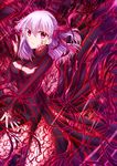  breasts cleavage cleavage_cutout dark_persona dark_sakura fate/stay_night fate_(series) hair_ornament hair_ribbon highres looking_at_viewer matou_sakura medium_breasts purple_hair red_eyes ribbon soda_(sodachuxd) solo striped turtleneck 