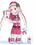  :d alternate_costume bangs belt belt_buckle blonde_hair blush bow box buckle capelet crystal demon_wings dress eyebrows_visible_through_hair flandre_scarlet full_body garter_straps gift gift_box green_bow hat hat_bow hat_ornament head_tilt highres holding holding_gift kneeling looking_at_viewer open_mouth pom_pom_(clothes) rainbow_order red_bow red_dress red_eyes red_hat sack santa_costume santa_hat shiero. short_dress simple_background smile solo striped striped_bow striped_legwear thighhighs touhou white_background wings wrist_cuffs zettai_ryouiki 