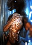  2013 4_fingers abstract_background alien anthro blue_eyes breasts bubble dark_skin digital_media_(artwork) female looking_at_viewer meandraco nipples non-mammal_breasts nude open_mouth showering solo teeth water wet 