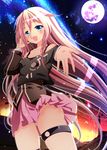  :d ass_visible_through_thighs aurora black_shirt blonde_hair blue_eyes blush braid breasts collarbone cowboy_shot evening highres ia_(vocaloid) long_hair looking_at_viewer moonlight natsumikan off-shoulder_shirt open_mouth outdoors outstretched_arm palms pink_skirt power_lines shiny shiny_skin shirt skirt sky small_breasts smile solo star_(sky) starry_sky sunset thigh_strap town twin_braids very_long_hair vocaloid 