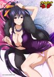 2015 artist_request black_hair bracelet breasts cleavage company_name copyright_name covered_nipples feather_boa hair_ribbon high_school_dxd high_school_dxd_born himejima_akeno jewelry large_breasts long_hair long_ponytail necklace official_art purple_eyes ribbon smile solo very_long_hair 