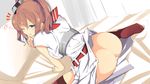  arm_support ass bed bed_sheet blue_eyes blush breast_pocket breasts brown_hair dress from_behind hair_between_eyes hair_ornament impossible_clothes kantai_collection large_breasts long_hair looking_at_viewer neckerchief no_panties one_eye_closed open_mouth pocket ponytail red_legwear red_neckwear saratoga_(kantai_collection) side_ponytail sidelocks sitting smokestack solo tenpesuto thighhighs waking_up wariza white_dress 