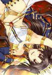  2f_sq armlet bare_shoulders brown_hair crown detached_sleeves earrings fate/grand_order fate_(series) hair_ribbon heavenly_boat_maanna hoop_earrings ishtar_(fate/grand_order) jewelry long_hair lying navel on_back pelvic_curtain ribbon single_sleeve single_thighhigh smile solo thighhighs two_side_up upside-down yellow_eyes 