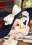  alternate_eye_color animal animal_on_head black_cat blonde_hair blue_eyes book book_stack bookshelf cat cat_on_head crossed_arms curtains desk expressionless hat hat_ribbon head_rest indoors kirisame_marisa long_hair long_sleeves looking_at_viewer on_head open_book quill ribbon solo touhou window witch_hat wuzhuang_caikuangche 
