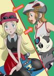  2girls aqua_eyes bicycle_helmet blonde_hair blue_eyes brown_hair costume_switch hat koruni_(pokemon) long_hair lucario multiple_girls nintendo pancham pokemon pokemon_(anime) pokemon_(game) pokemon_xy serena_(pokemon) short_hair sunglasses tagme very_long_hair wariza 