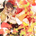  :d ^_^ autumn_leaves black_hair blonde_hair blush bow closed_eyes couple detached_sleeves hair_bow hair_tubes hakurei_reimu hands_on_another's_face hat hug kirisame_marisa kosencha long_hair multiple_girls open_mouth pinwheel short_hair smile touhou wavy_hair witch_hat yellow_eyes yuri 