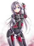  armor blue_eyes breasts clenched_hand commentary_request contrapposto cyborg exposed_muscle expressionless grey_hair hand_up highres long_hair looking_at_viewer mechanical_arm mechanical_legs neit_ni_sei original small_breasts solo standing white_background 