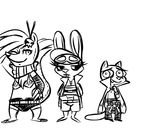  2016 anthro black_and_white buckteeth cape claws clothed clothing cosplay crossdressing crossover cute_fangs disney fan_character female group hand_behind_head hand_on_hip hugh_muskroura inkyfrog kamina lagomorph looking_at_viewer male mammal maxine_d&#039;lapin monochrome mustelid one_eye_closed percy_vison polecat rabbit simon_(ttgl) simple_background skunk smile teeth tengen_toppa_gurren_lagann white_background wink yoko_littner zootopia 