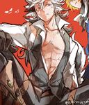  chest european_clothes fang fire_emblem fire_emblem_if flannel_(fire_emblem_if) looking_at_viewer male_focus multiple_boys muscle nishiki_(fire_emblem_if) open_clothes red_eyes silver_hair solo_focus torisudesu twitter_username 