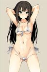  armpits arms_behind_head ass_visible_through_thighs bikini black_hair blush breasts cameltoe cleavage earrings front-tie_top green_eyes grey_background idolmaster idolmaster_cinderella_girls iwasaki_takashi jewelry long_hair looking_at_viewer medium_breasts micro_bikini navel partially_visible_vulva shibuya_rin simple_background skindentation solo swimsuit white_bikini 