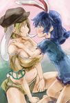  animal_ears bare_legs bare_shoulders belly blonde_hair blue_hair blush breasts bunny_ears bunny_tail commentary_request extra_ears eye_contact flat_chest food hat large_breasts long_hair looking_at_another mochi multiple_girls navel plump red_eyes ringo_(touhou) seiran_(touhou) shared_food short_hair short_shorts shorts tail touhou wagashi yohane yuri 