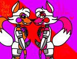  ! &lt;3 animatronic anthro black_nose bow_tie canine dashiathebunny dialogue english_text eyebrows five_nights_at_freddy&#039;s five_nights_at_freddy&#039;s_world fox freckles funtime_foxy_(fnafsl) fur girly hair_tuft lipstick lolbit_(fnaf) looking_at_viewer machine makeup male male/male mammal multicolored_fur naughty_face orange_fur penis pink_fur purple_background red_background robot sharp_teeth signature simple_background sister_location smile teeth text tuft video_games white_fur 