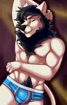  2016 abs abstract_background anthro biceps biped black_nose blue_bottomwear blue_clothing blue_eyes blue_mane boxer_briefs bulge clothed clothing digital_media_(artwork) eyebrows fcsimba feline front_view fur half-closed_eyes hand_behind_head hi_res lion looking_at_viewer lunar_(kado_daramara) male mammal mane muscular muscular_male pecs pinup portrait pose pubes seductive smile snout solo standing teeth three-quarter_portrait underwear white_fur white_lion white_tail 
