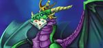  blizzard_entertainment blue_eyes crown diaper dragon ear_piercing female green_scales holding_(disambiguation) horn looking_at_viewer piercing scales silenceartwork simple_background smile solo video_games warcraft watermark wings ysera 