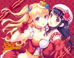  bare_shoulders black_hair blonde_hair breasts cheek-to-cheek crown dress gloves hair_ribbon hat idol long_hair medium_breasts midriff mini_crown multiple_girls nishimura_eri one_side_up open_mouth original outstretched_arm outstretched_hand purple_eyes red_eyes red_gloves ribbon skirt smile v 