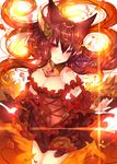  animal_ears anthuria arm_at_side bad_id bad_pixiv_id bare_shoulders breasts corset detached_sleeves dress erune fire floating_hair gradient_hair granblue_fantasy hair_between_eyes hair_ornament highres jewelry large_breasts light_smile long_hair looking_at_viewer multicolored_hair off-shoulder_dress off_shoulder orange_hair outstretched_hand red_dress red_eyes red_hair short_dress solo sweetroad 